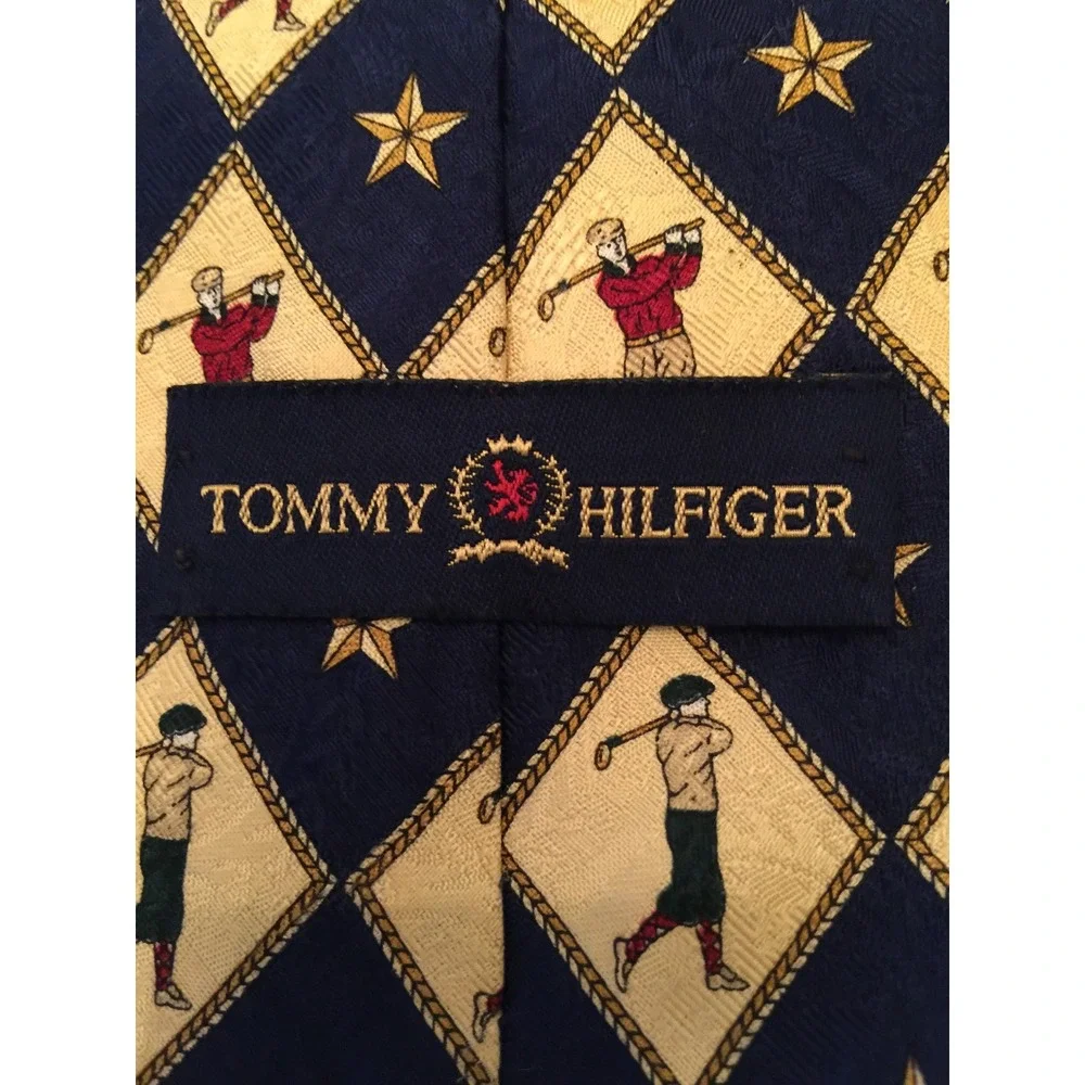 Tommy Hilfiger Men's Tie Italian Silk Novelty Vintage Golfer Blue Gold 57